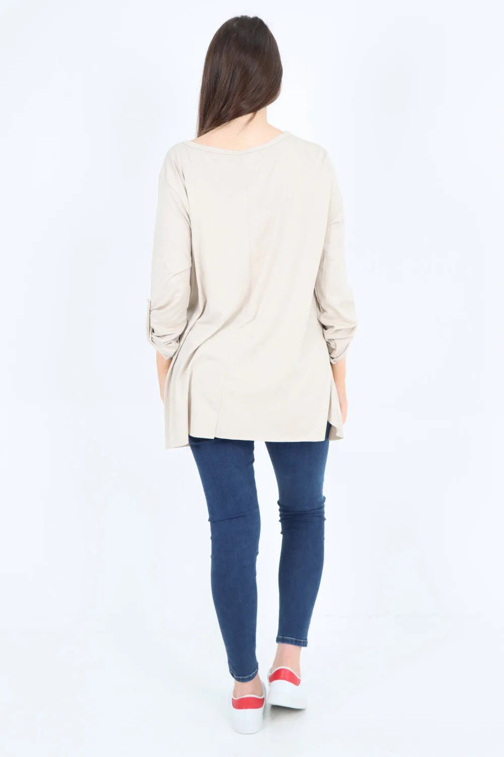 Love Glitter Print Turn Up Sleeve Tunic Top