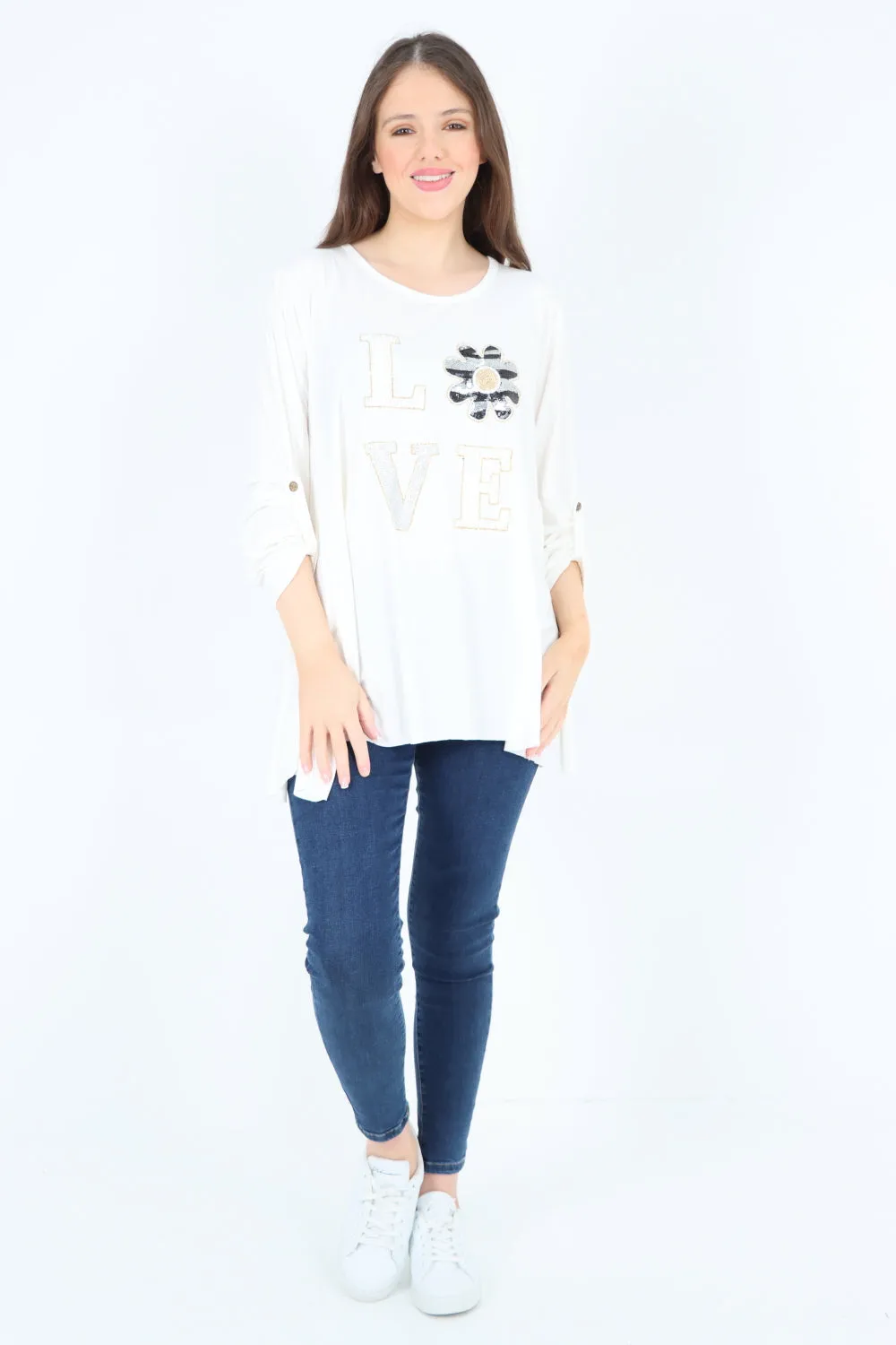 Love Glitter Print Turn Up Sleeve Tunic Top