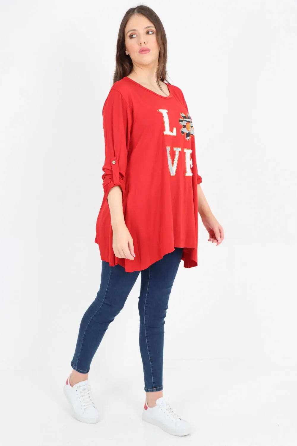 Love Glitter Print Turn Up Sleeve Tunic Top