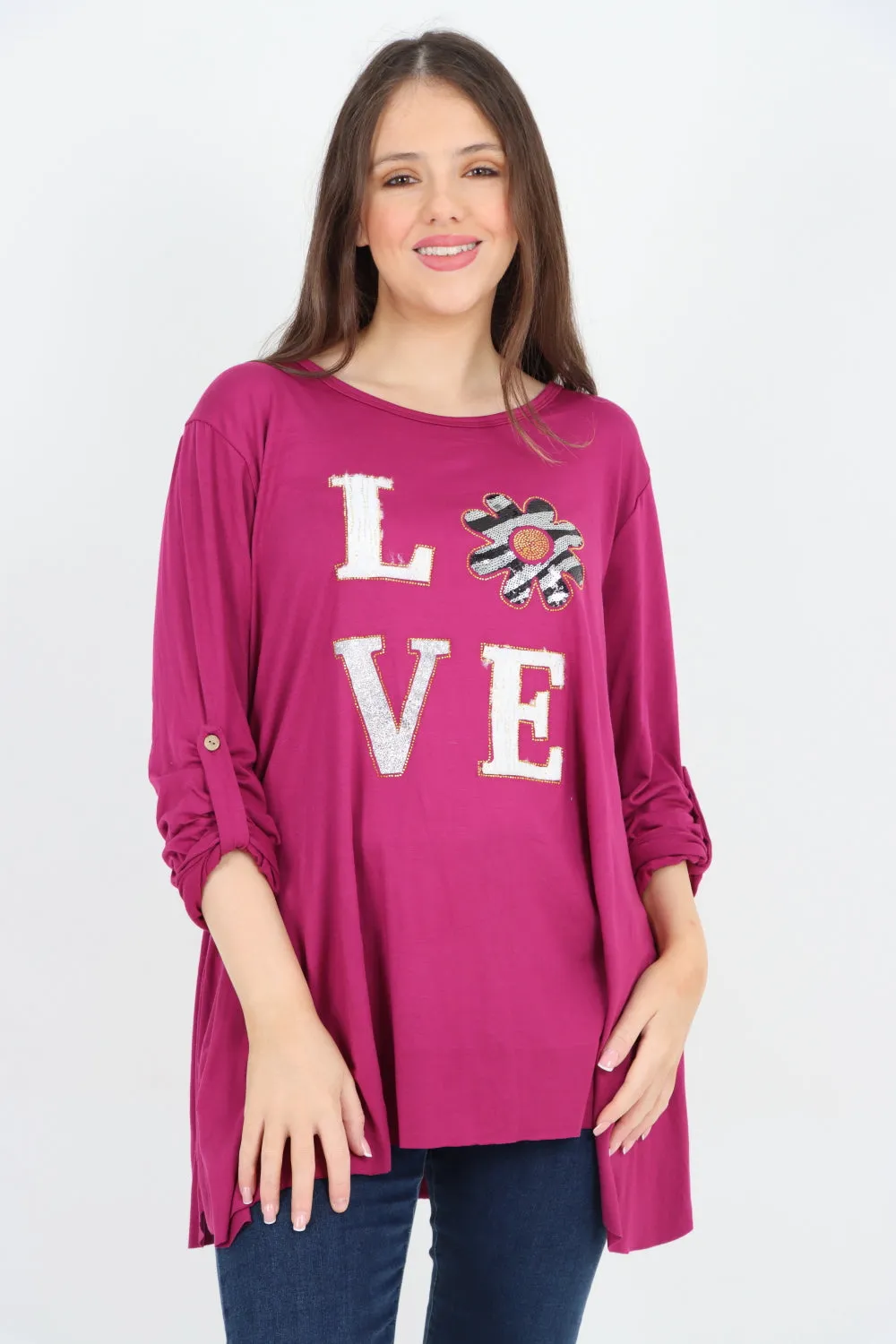 Love Glitter Print Turn Up Sleeve Tunic Top