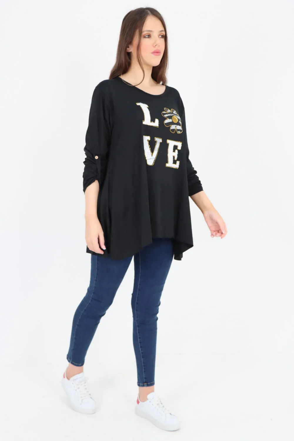 Love Glitter Print Turn Up Sleeve Tunic Top