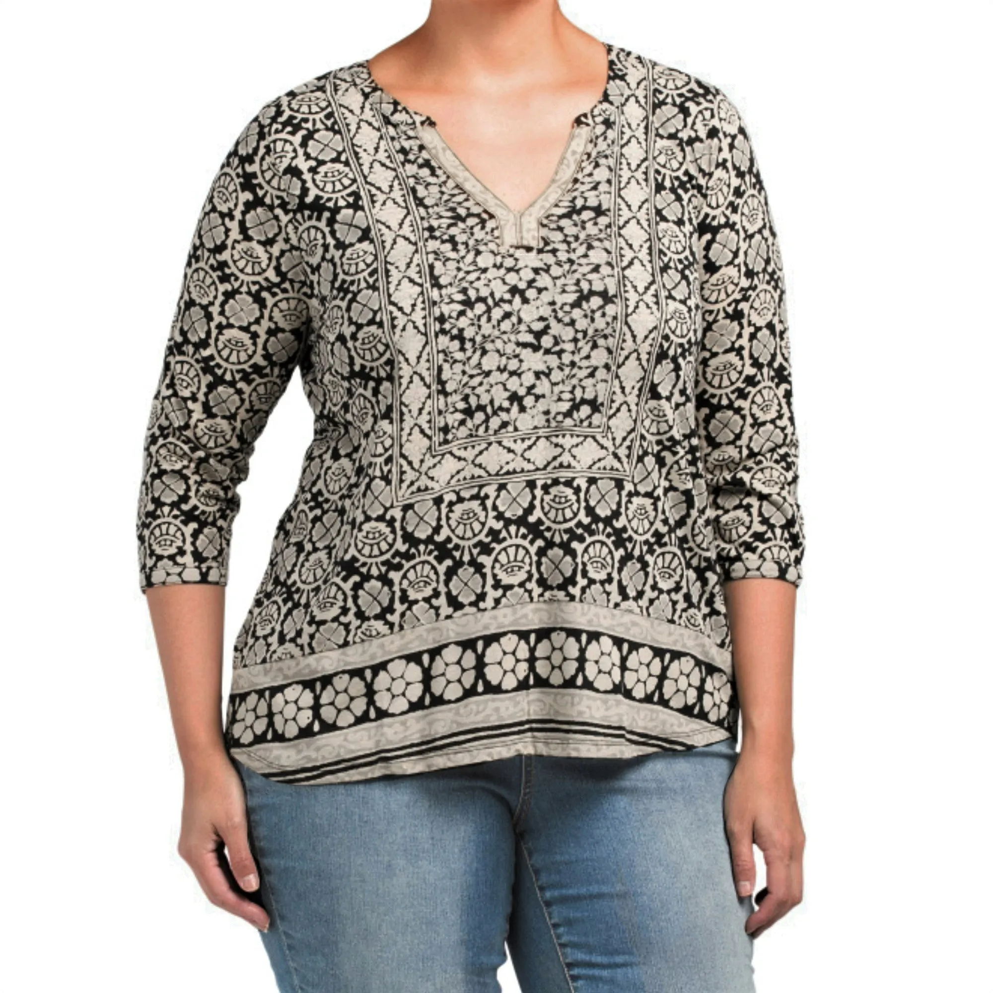 Lucky Brand Women's Plus Bohemian Block Textured Floral Print Tunic Top