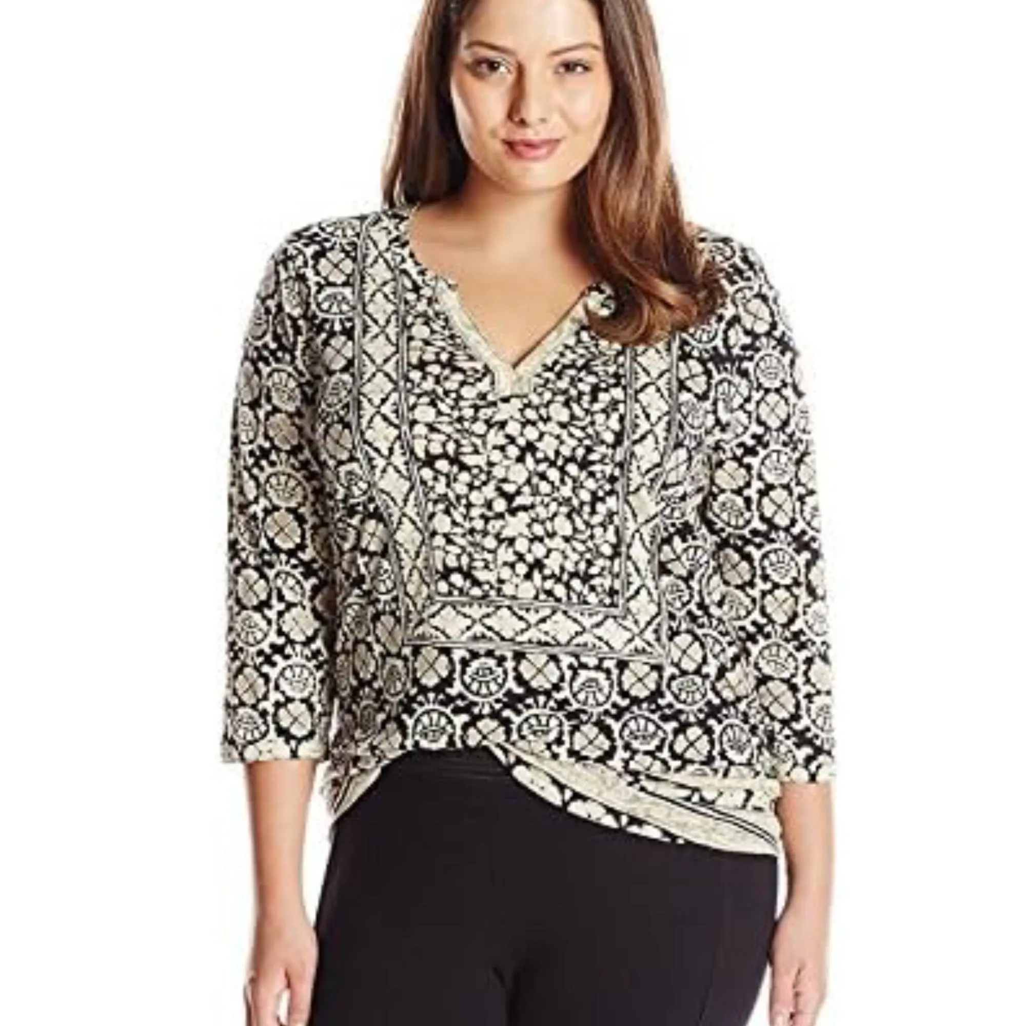 Lucky Brand Women's Plus Bohemian Block Textured Floral Print Tunic Top