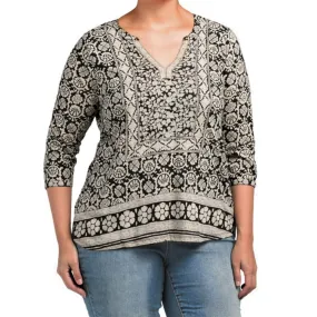 Lucky Brand Women's Plus Bohemian Block Textured Floral Print Tunic Top
