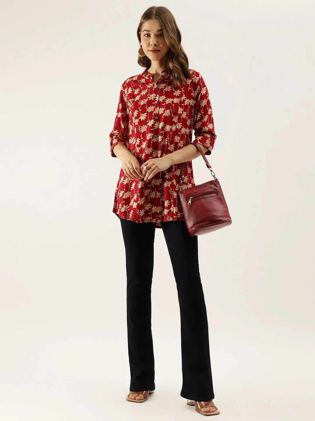 Maroon Floral Printed Rayon Shirt Type Top For Women