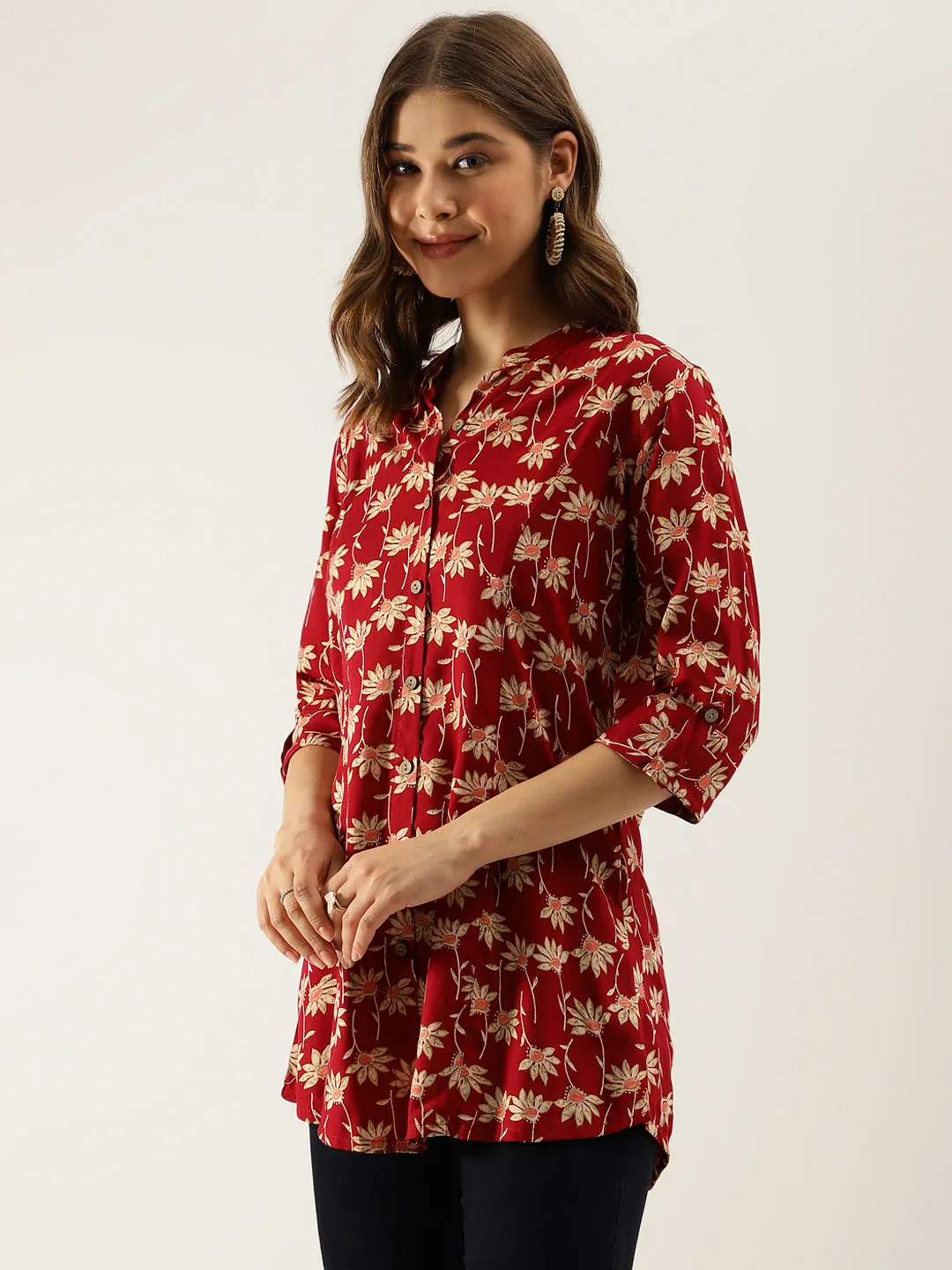Maroon Floral Printed Rayon Shirt Type Top For Women