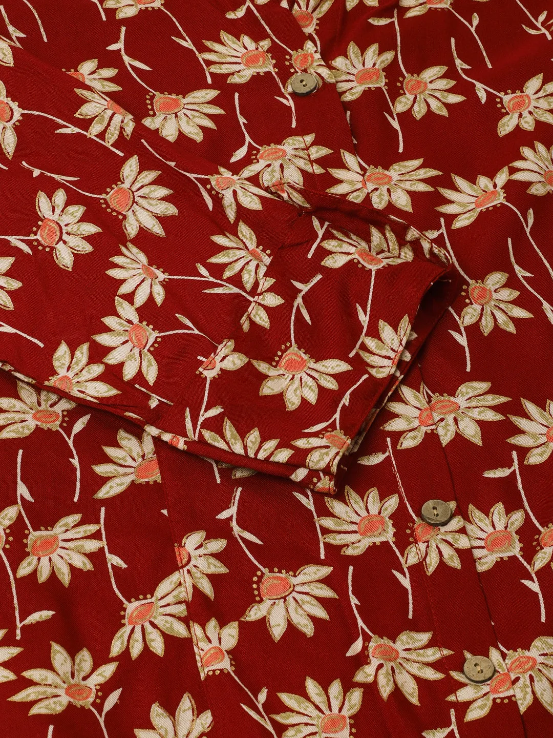 Maroon Floral Printed Rayon Shirt Type Top For Women