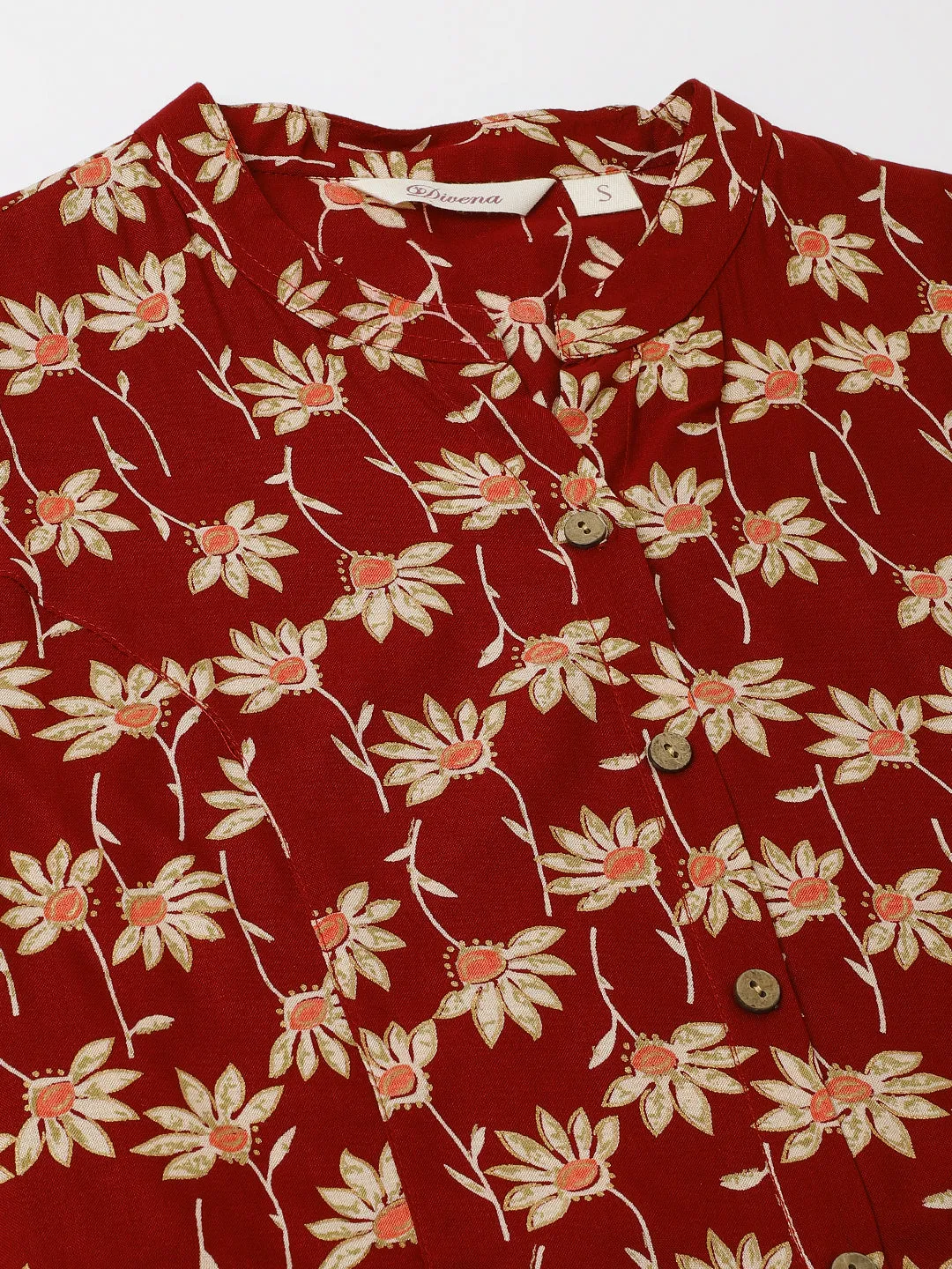 Maroon Floral Printed Rayon Shirt Type Top For Women