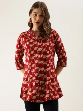Maroon Floral Printed Rayon Shirt Type Top For Women