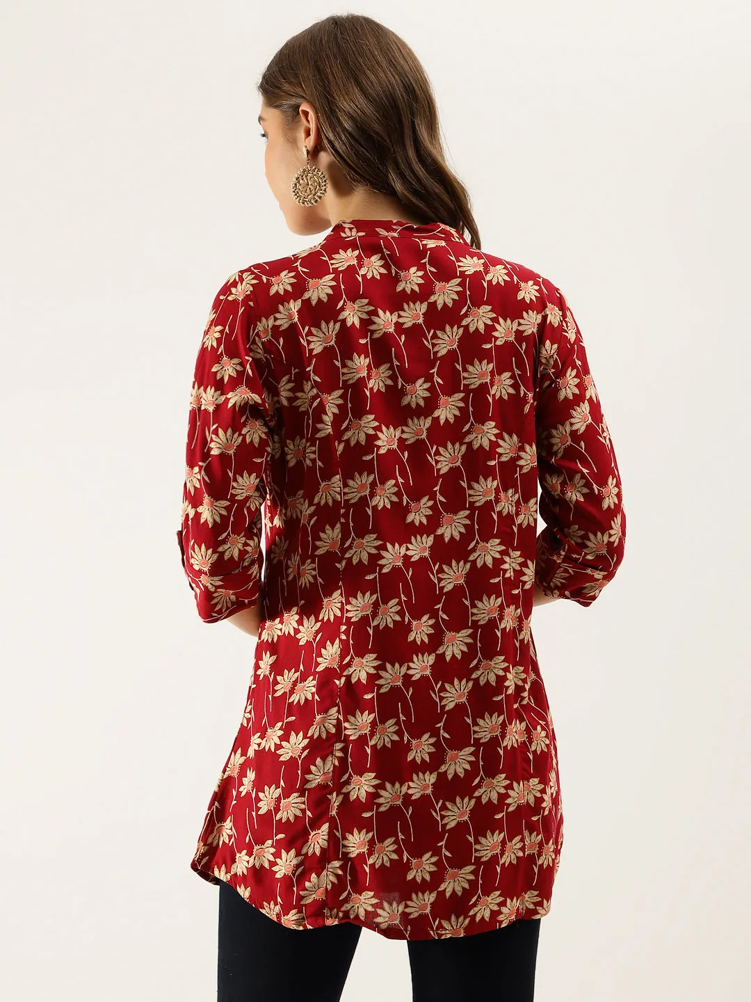 Maroon Floral Printed Rayon Shirt Type Top For Women