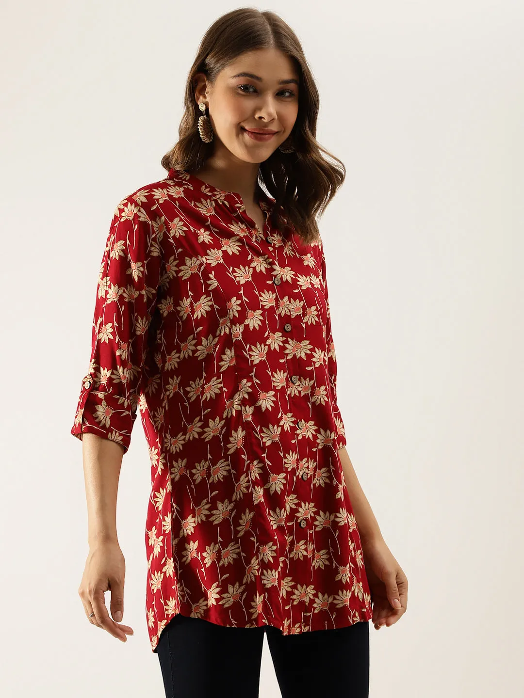 Maroon Floral Printed Rayon Shirt Type Top For Women