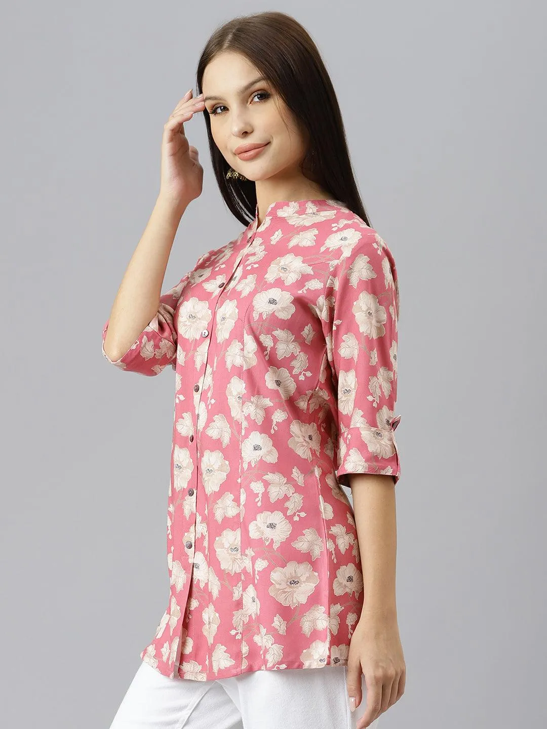 Maroon Floral Rayon A-Line Shirts Style Top