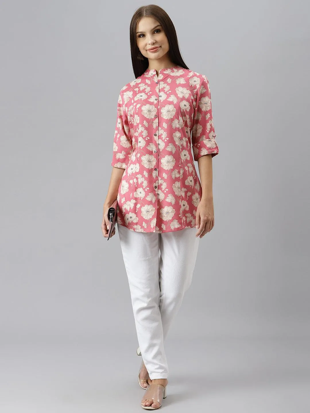 Maroon Floral Rayon A-Line Shirts Style Top