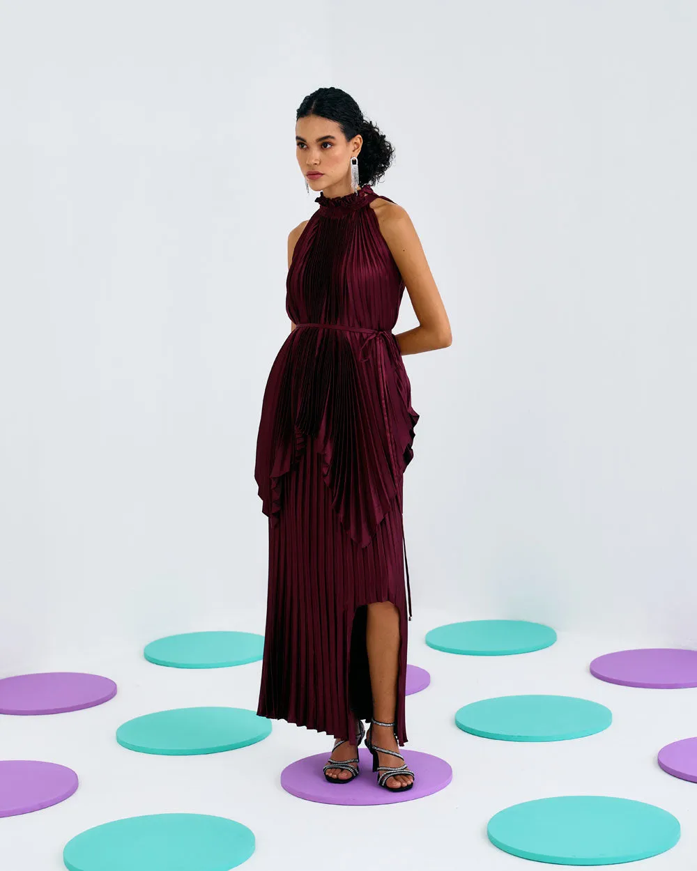 Maroon Halter Pleated Top