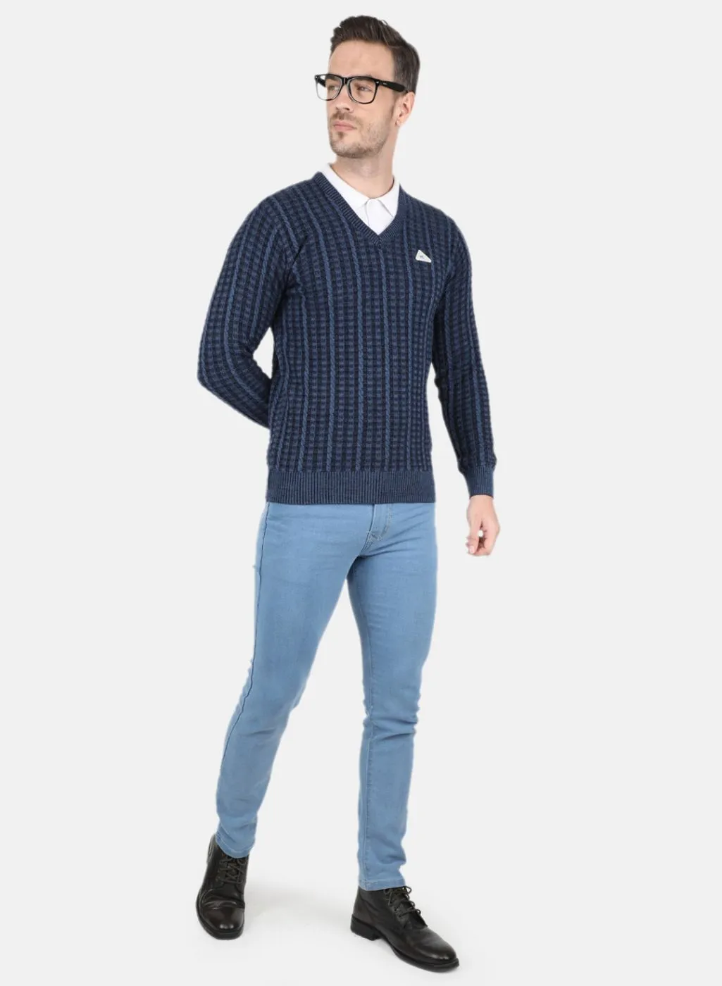 Men Blue & Black Self Design Pullover