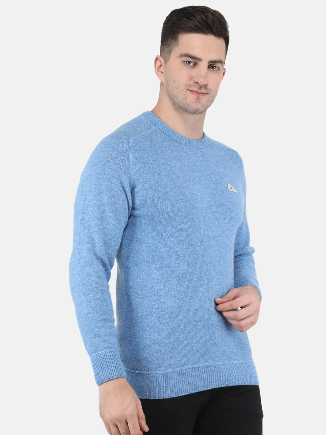 Men Sky Blue Solid Round Neck Full Sleeve Pullovers