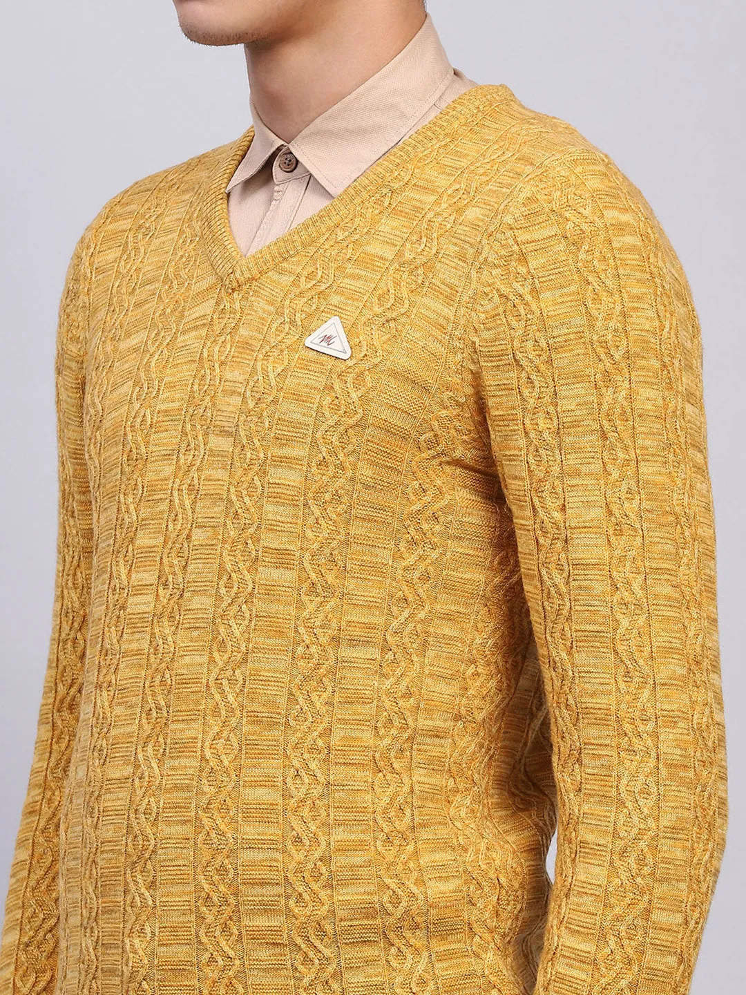 Men Yellow Self Design V Neck Full Sleeve Pullover