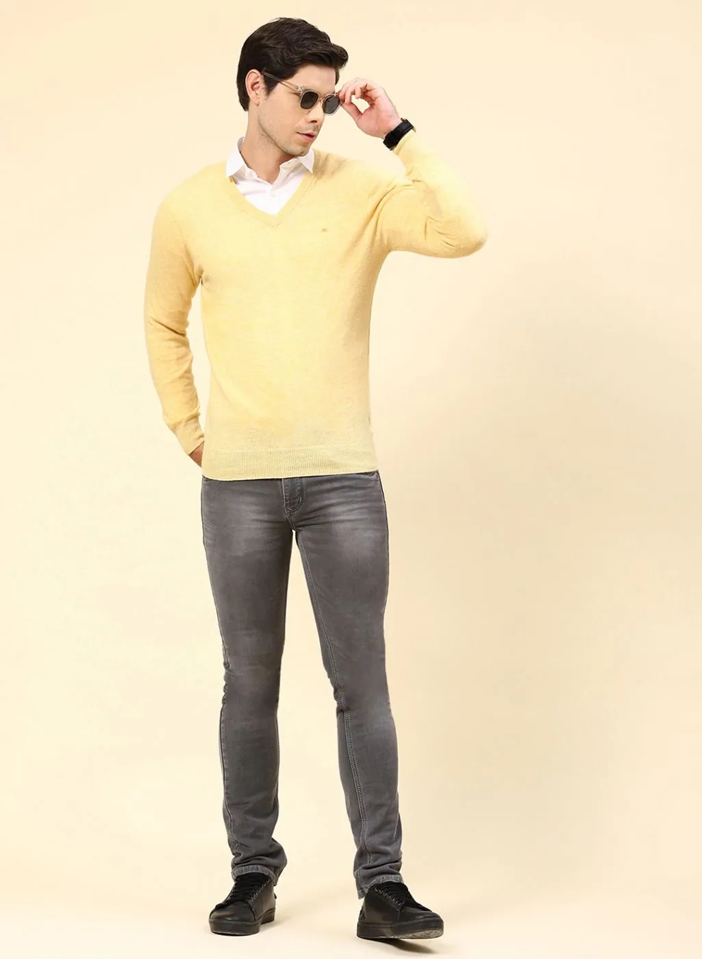 Men Yellow Solid Lamb wool Pullover