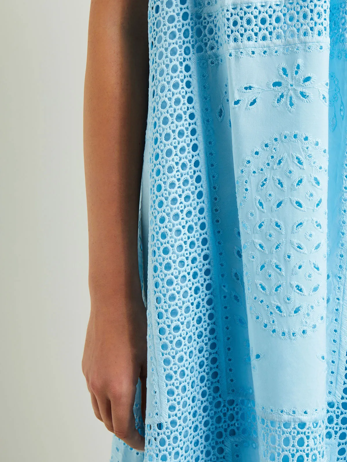 Midi Tent Dress - Sleeveless Eyelet Detailed Woven