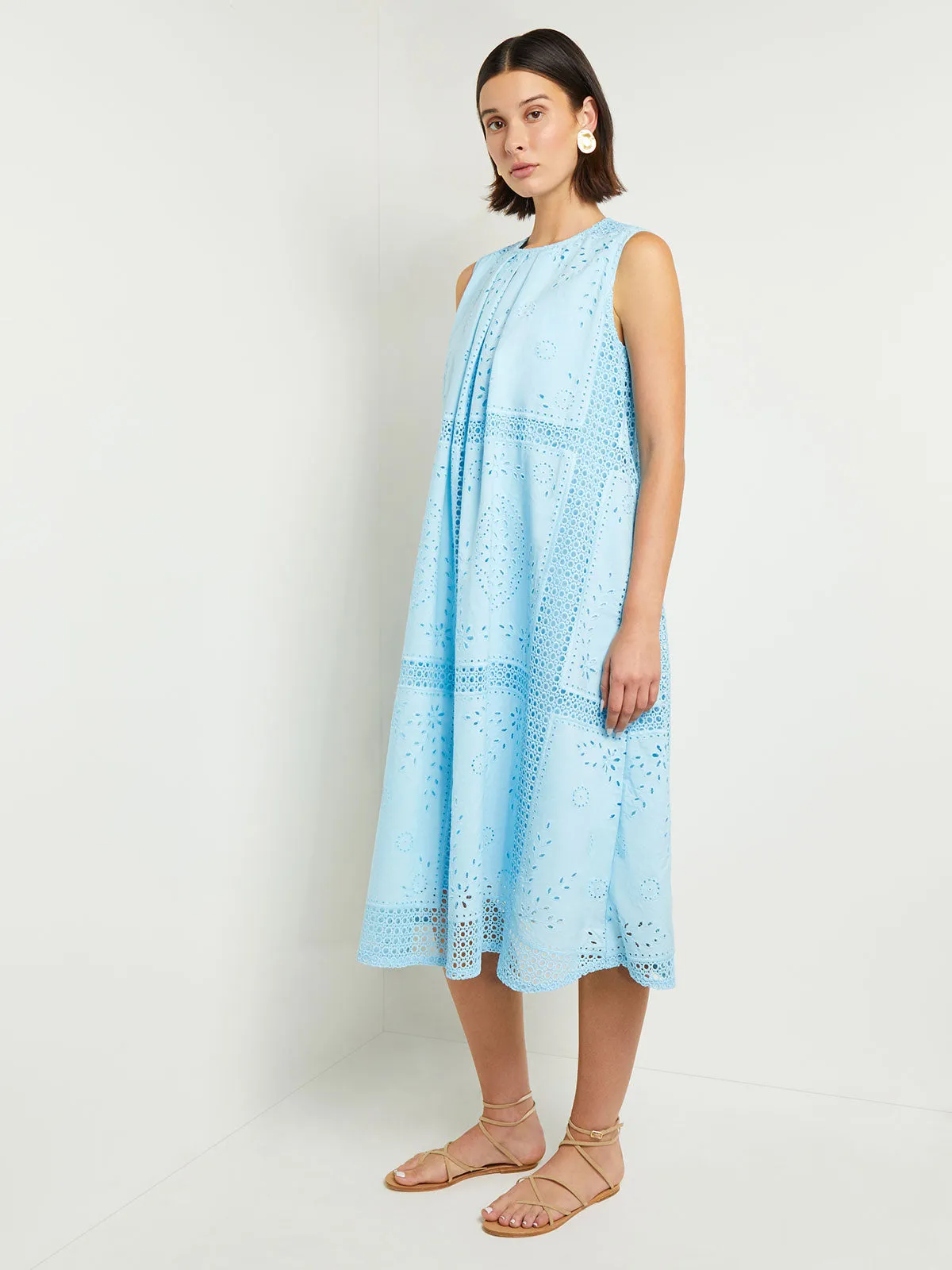 Midi Tent Dress - Sleeveless Eyelet Detailed Woven