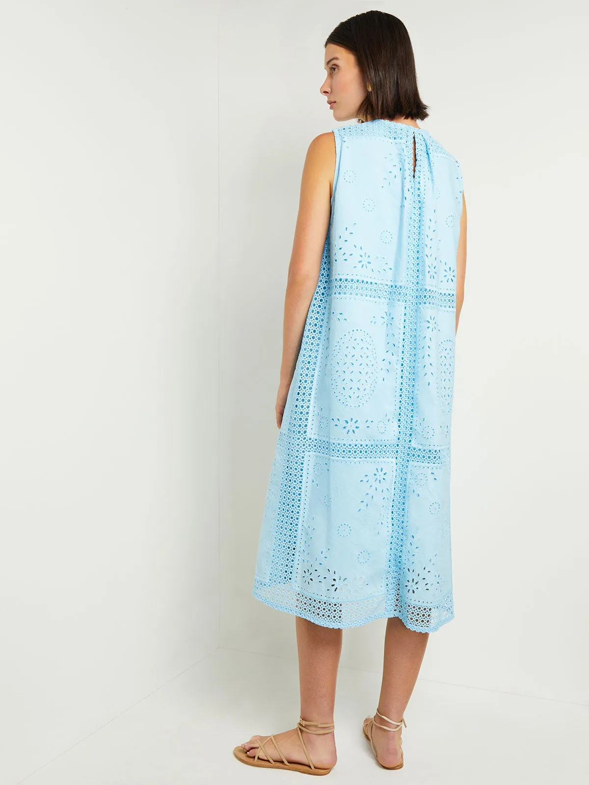 Midi Tent Dress - Sleeveless Eyelet Detailed Woven