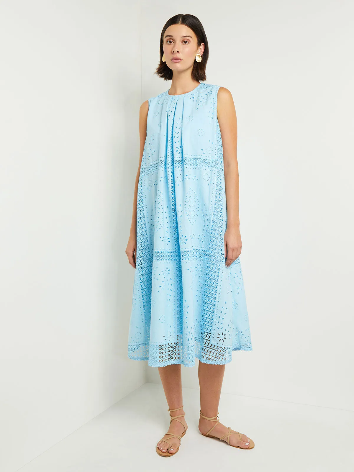 Midi Tent Dress - Sleeveless Eyelet Detailed Woven