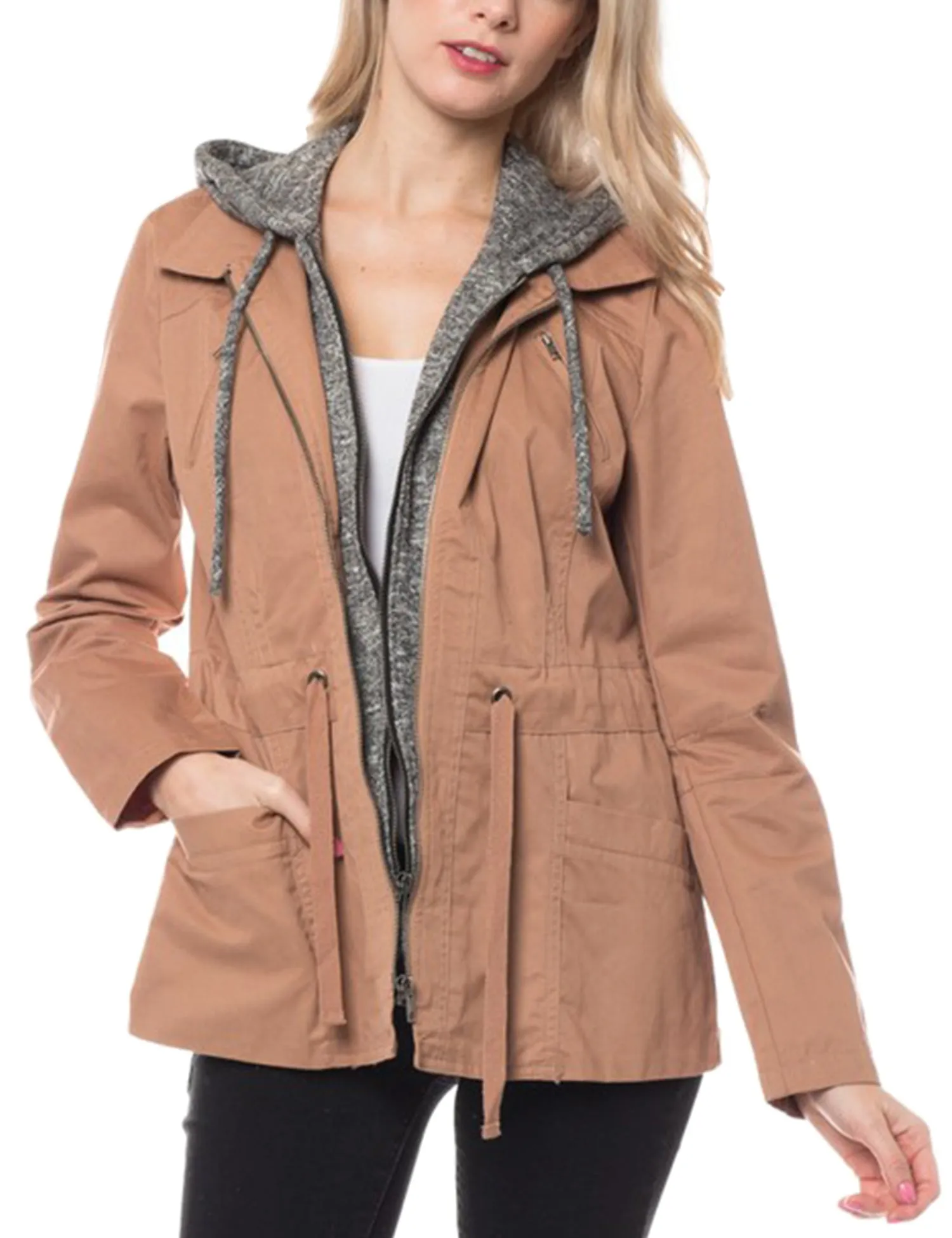 Military Anorak Jacket with Knit Hood and Pockets