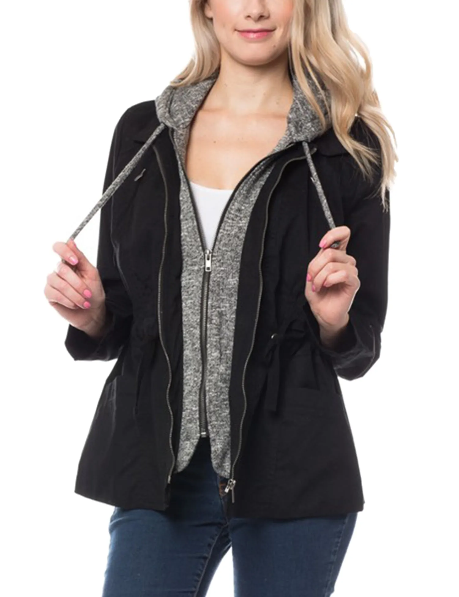 Military Anorak Jacket with Knit Hood and Pockets