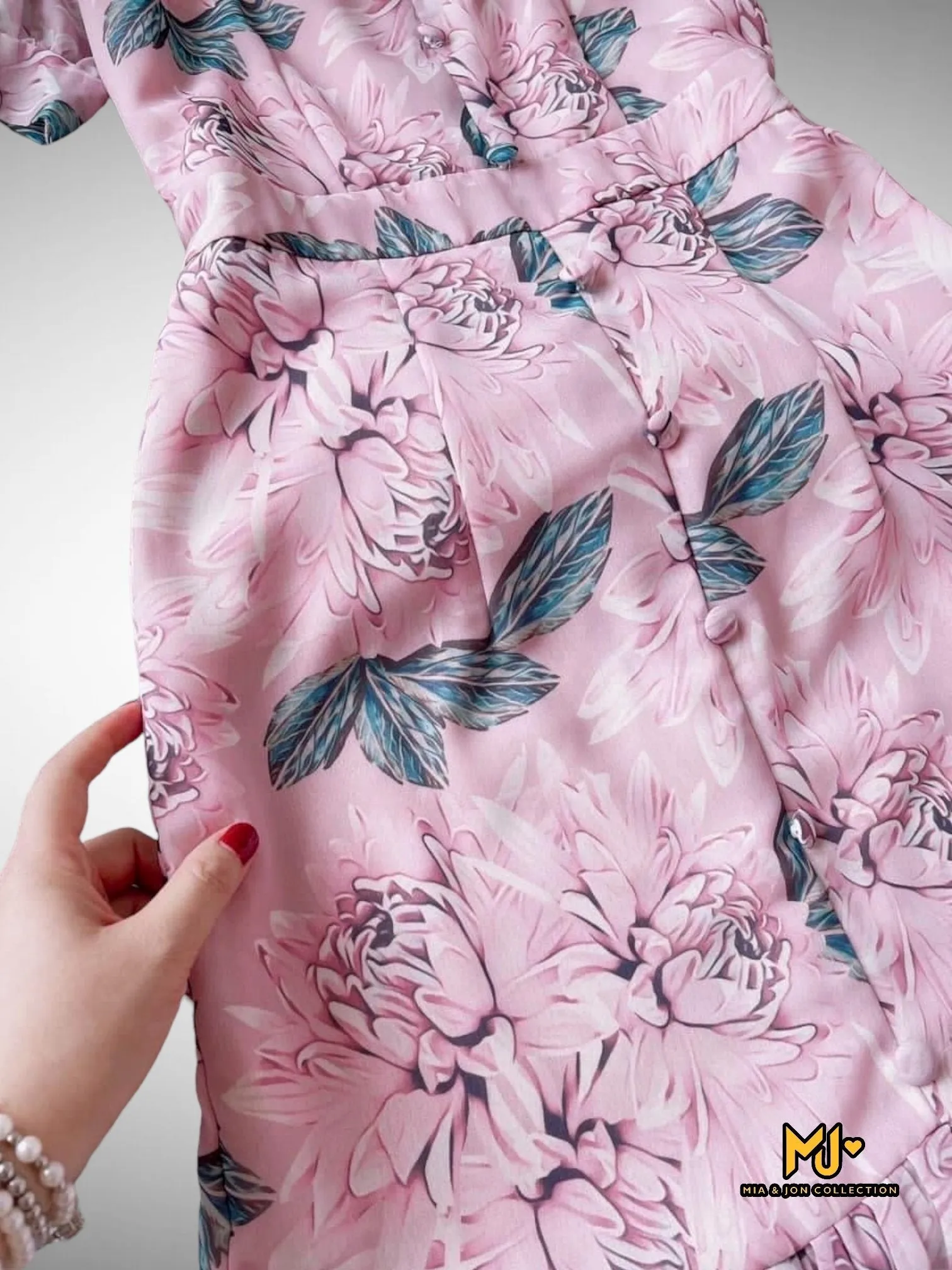 MJV1900 Floral Button Detail Mermaid Hem Dress
