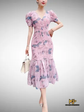 MJV1900 Floral Button Detail Mermaid Hem Dress