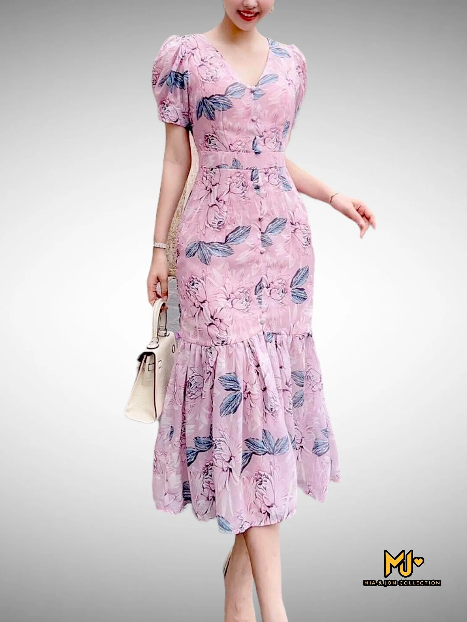 MJV1900 Floral Button Detail Mermaid Hem Dress