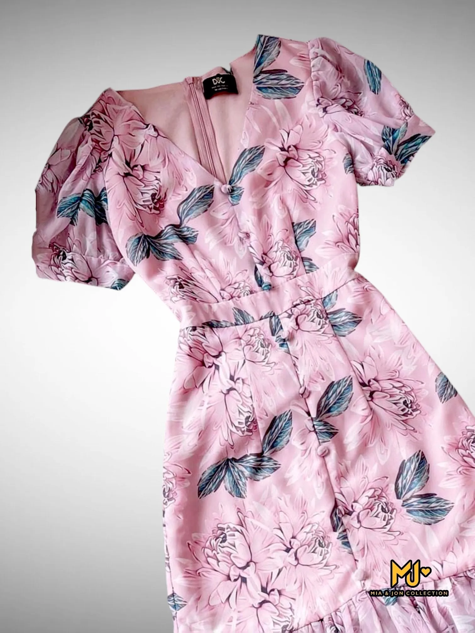 MJV1900 Floral Button Detail Mermaid Hem Dress