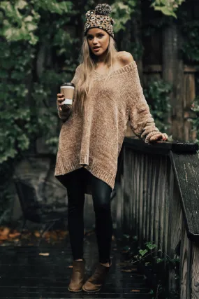 Mocha Moment Chenille Tunic Sweater In Iced Latte