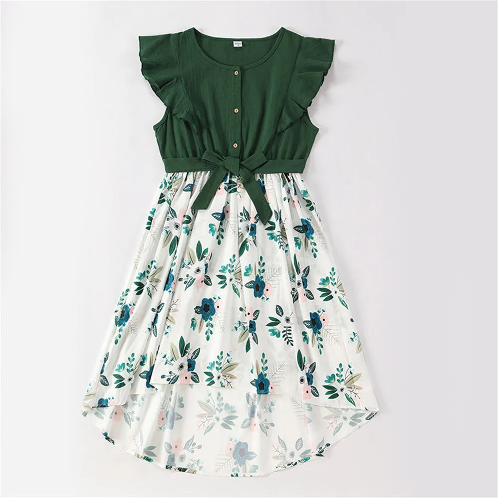 Mommy and Me Dress Summer Floral Midi Dresses Flounce Waist Tie Dress for Mom and Daughter
