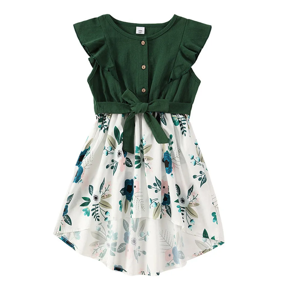 Mommy and Me Dress Summer Floral Midi Dresses Flounce Waist Tie Dress for Mom and Daughter