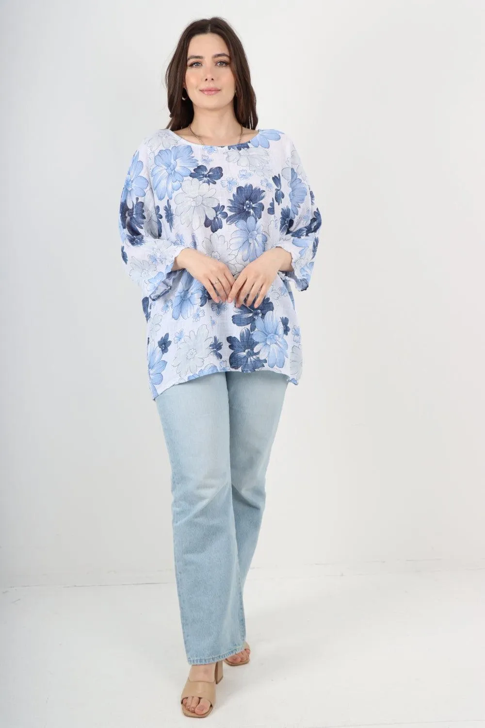 Multi Floral Print Cotton Tunic Top