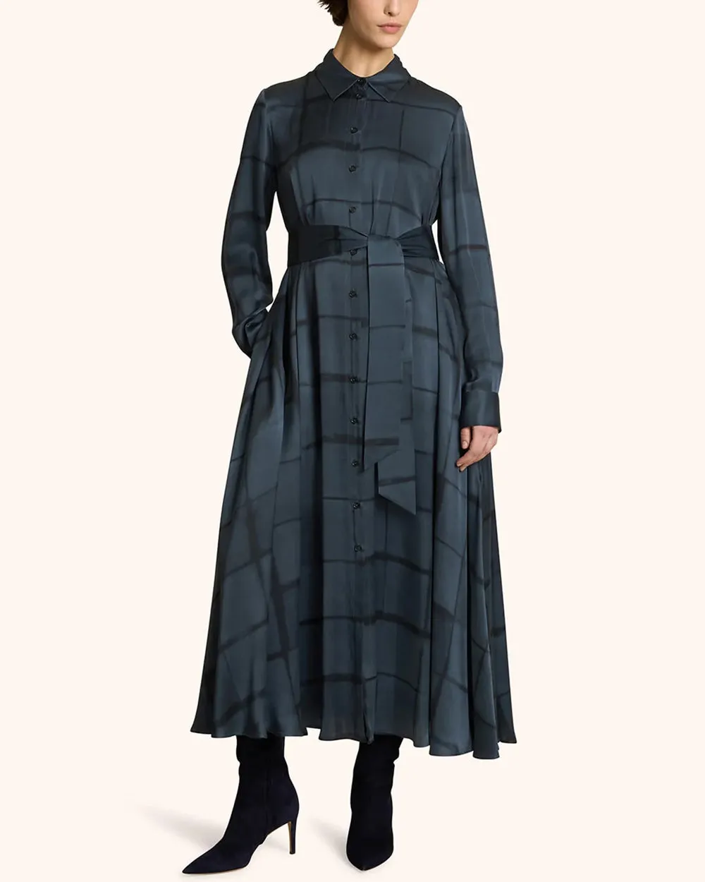 Navy Windowpane Check Maxi Dress