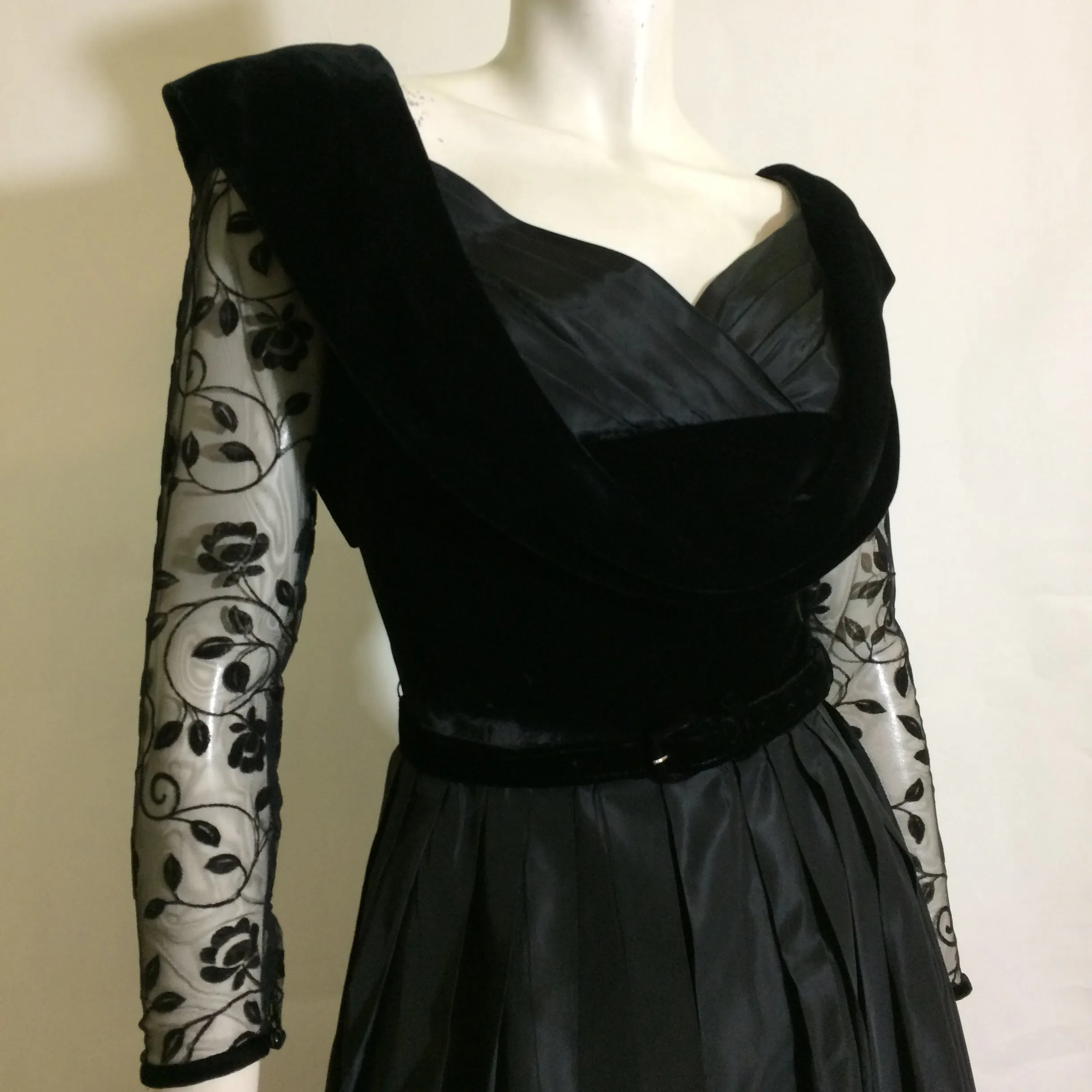 Nipped Waist Black Taffeta and Velvet Full Skirt Cocktail Dress circa 1950s