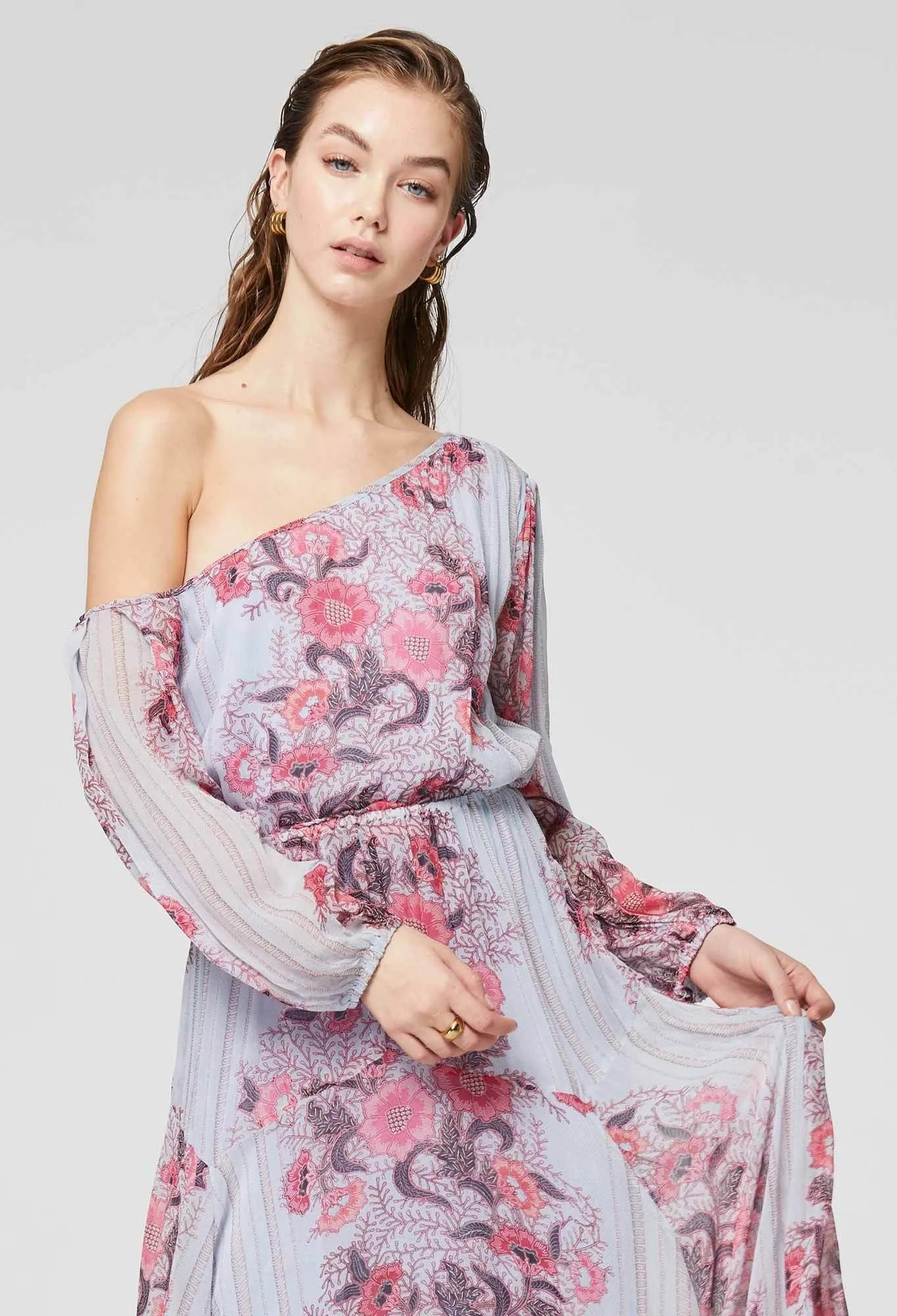ONCE WAS ISABELLA VISCOSE CHIFFON ASYMMETRICAL SHOULDER DRESS