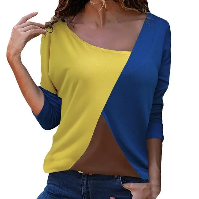 Patchwork Color Block O-Neck Long Sleeve Top