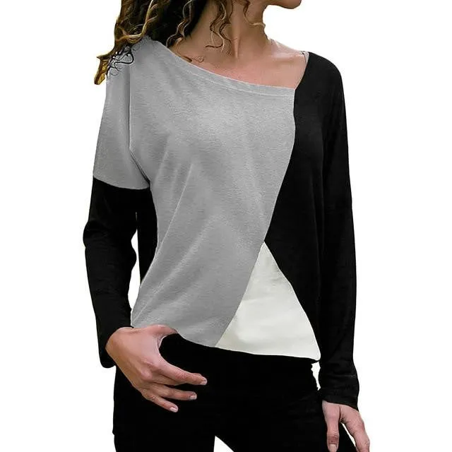 Patchwork Color Block O-Neck Long Sleeve Top