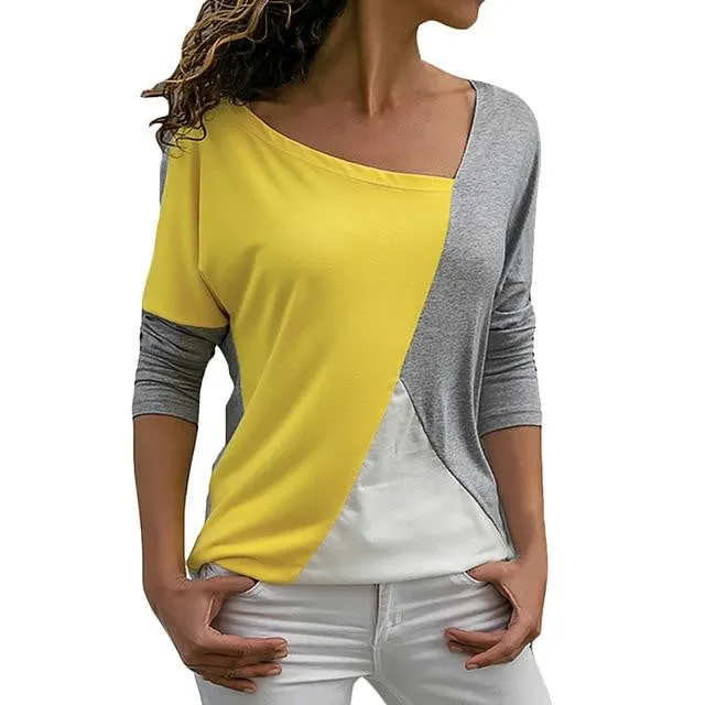 Patchwork Color Block O-Neck Long Sleeve Top