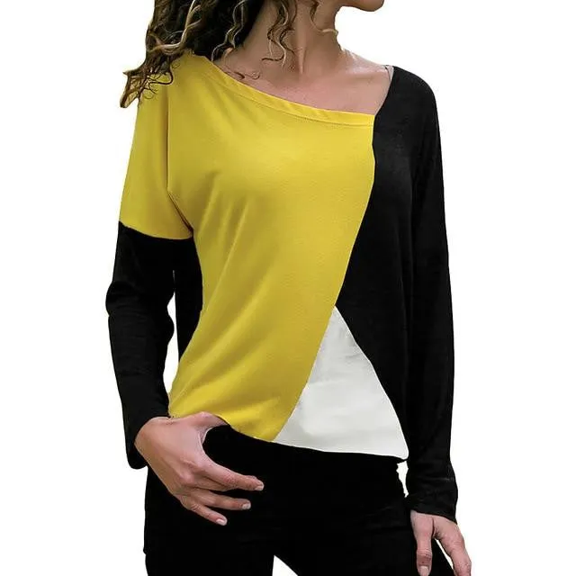 Patchwork Color Block O-Neck Long Sleeve Top