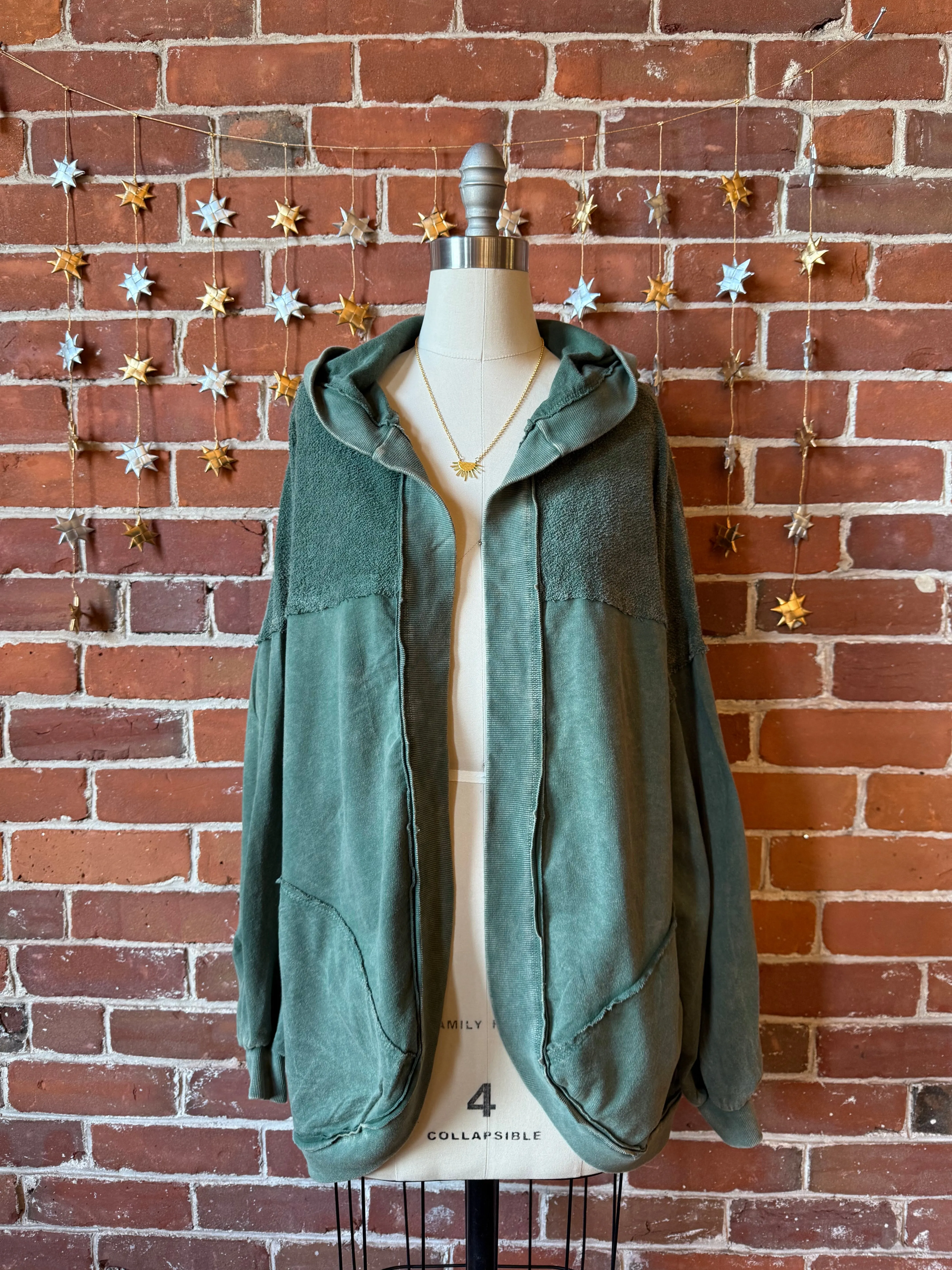 Peace Patch Mineral Wash Cardigan Hoodie - Olive Green