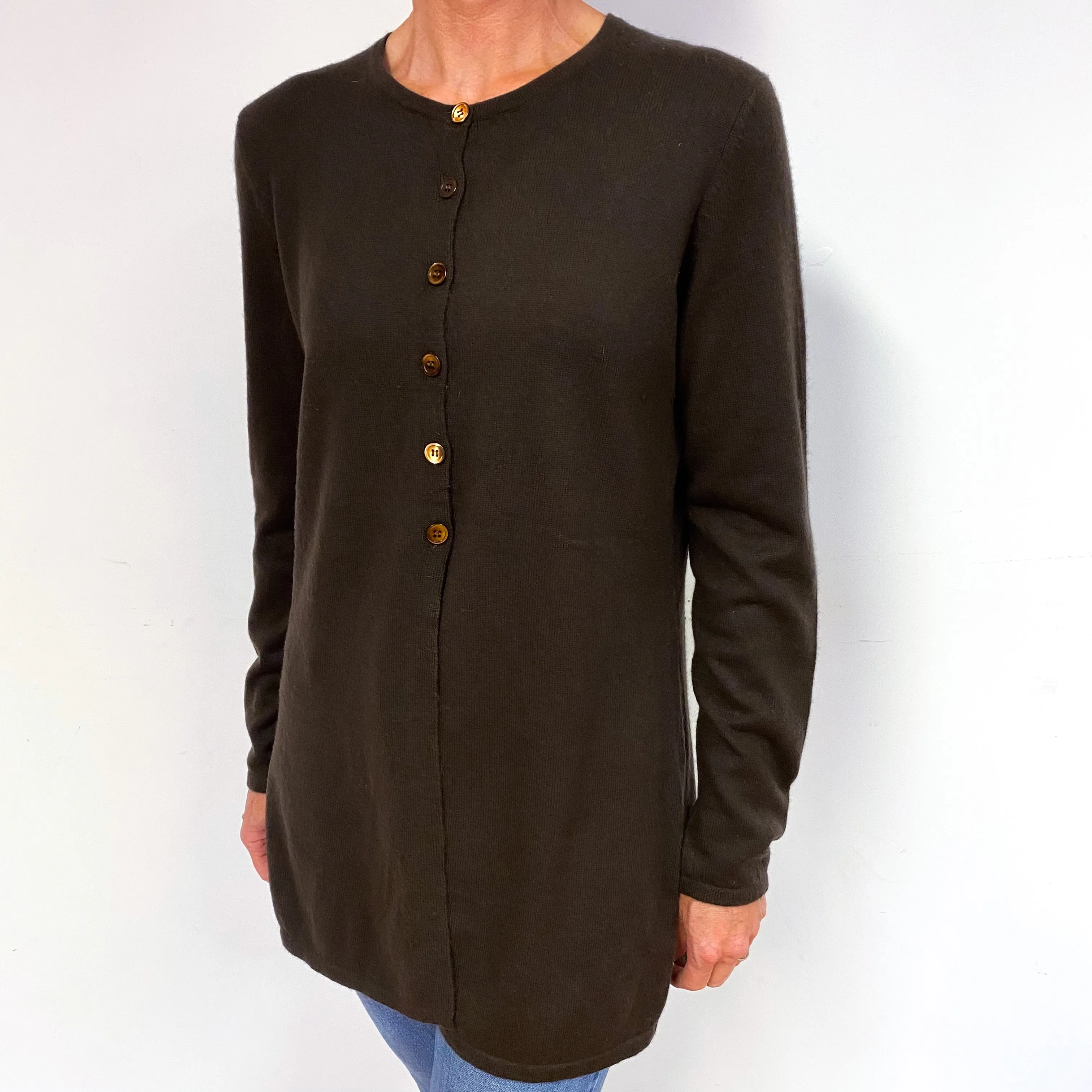 Peppercorn Brown Cashmere Buttoned Crew Neck Tunic Medium
