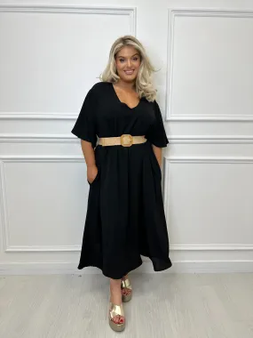 Pippa Black V Neck Belted Midi Dress
