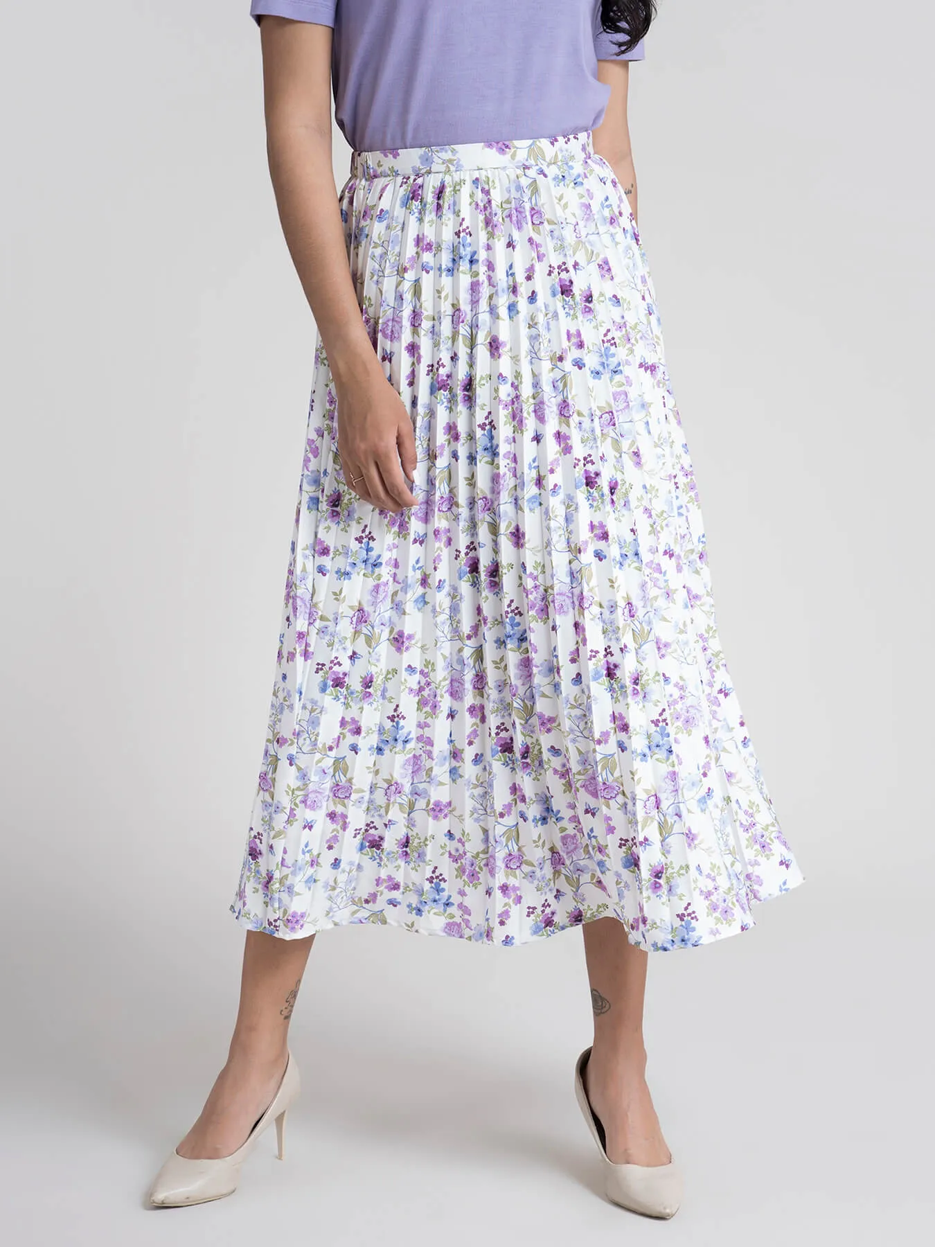 Pleated Flared Floral Midi Skirt - Lilac