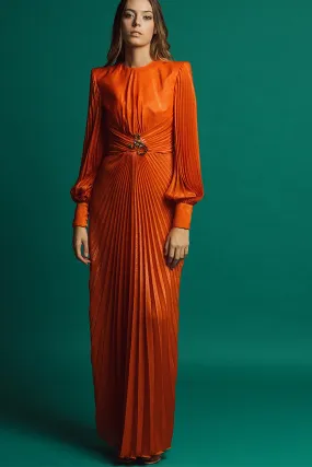 Pleated Long-Sleeved Flared Dress with Brooch