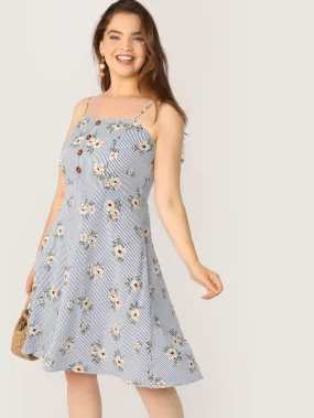 Plus Striped and Floral Button Detail Cami Dress