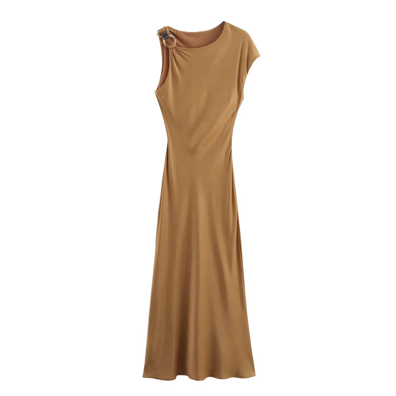 Pre Order: Asymmetric Silk Texture Buckle Shoulder Midi Dress